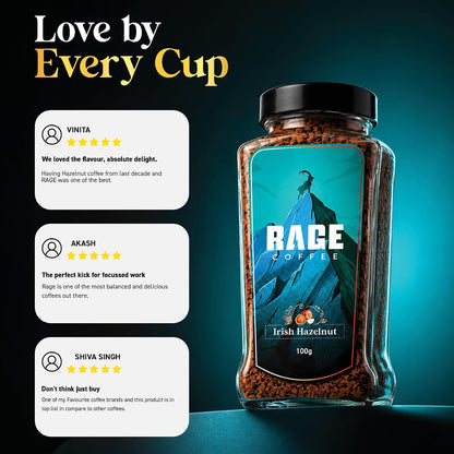 RAGE COFFEE Irish Hazelnut - Flavored Instant Coffee Powder for both Hot & Cold Coffee, 100% Single Origin Arabica Coffee Beans Powder (IRISH HAZELNUT, 100g)