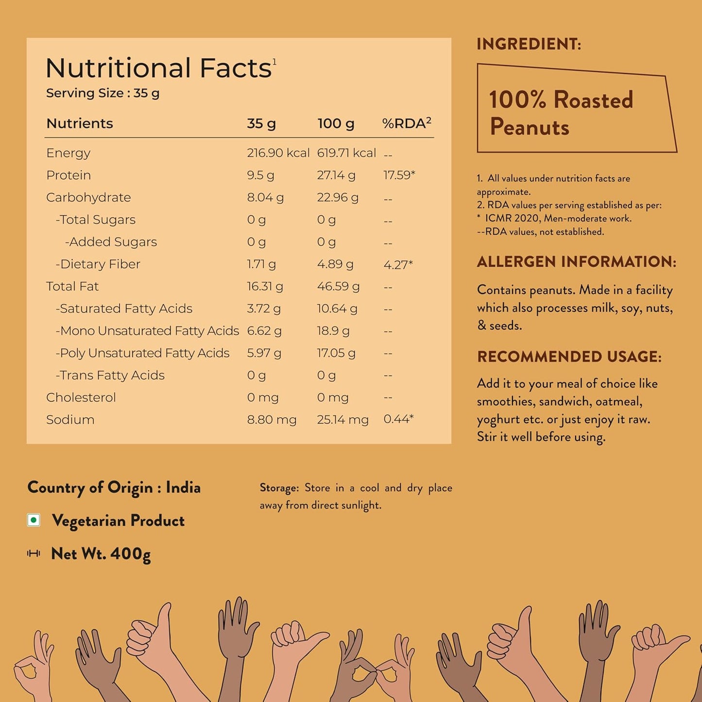 Nutrabay Foods All-Natural Peanut Butter (Creamy) - Unsweetened, 400g | 100% Roasted Peanuts, 28g Protein, Zero Cholesterol, Vegan, Gluten Free, Non GMO