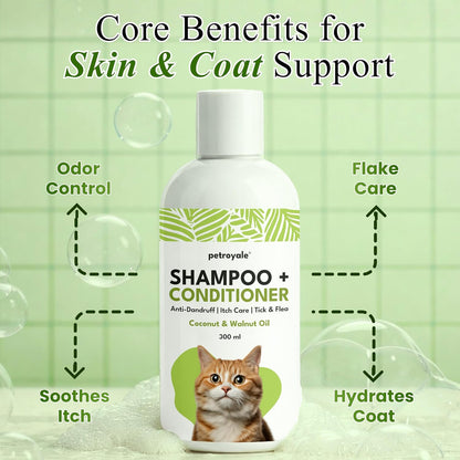 Petroyale 2-in-1 Shampoo + Conditioner for Cats - Anti-Tick & Flea - Dandruff Control - Itch Relief - Cat Shampoo with Coconut, Walnut & Aloe Vera for Healthy Skin & Coat - 300ml