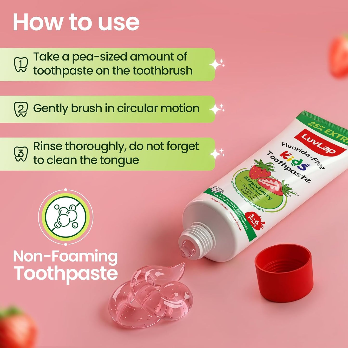 LuvLap Baby Toothpaste for Kids 80gm + 25% Extra, Strawberry Flavour, SLS & Fluoride Free Baby Toothpaste, Removes Plaque, Prevents Bacteria & Cavities, Ensures Healthy Teeth & Gums, 12M+(Pack of 1)