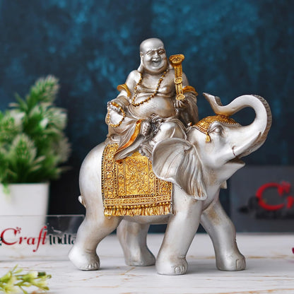 Silver Golden Resin Laughing Buddha Statue Seating on Elephant Figurine Showpiece for Home Decor Living Room Bedroom Laughing Buddha for Good Luck Money| Gift for Birthday Friendship Day