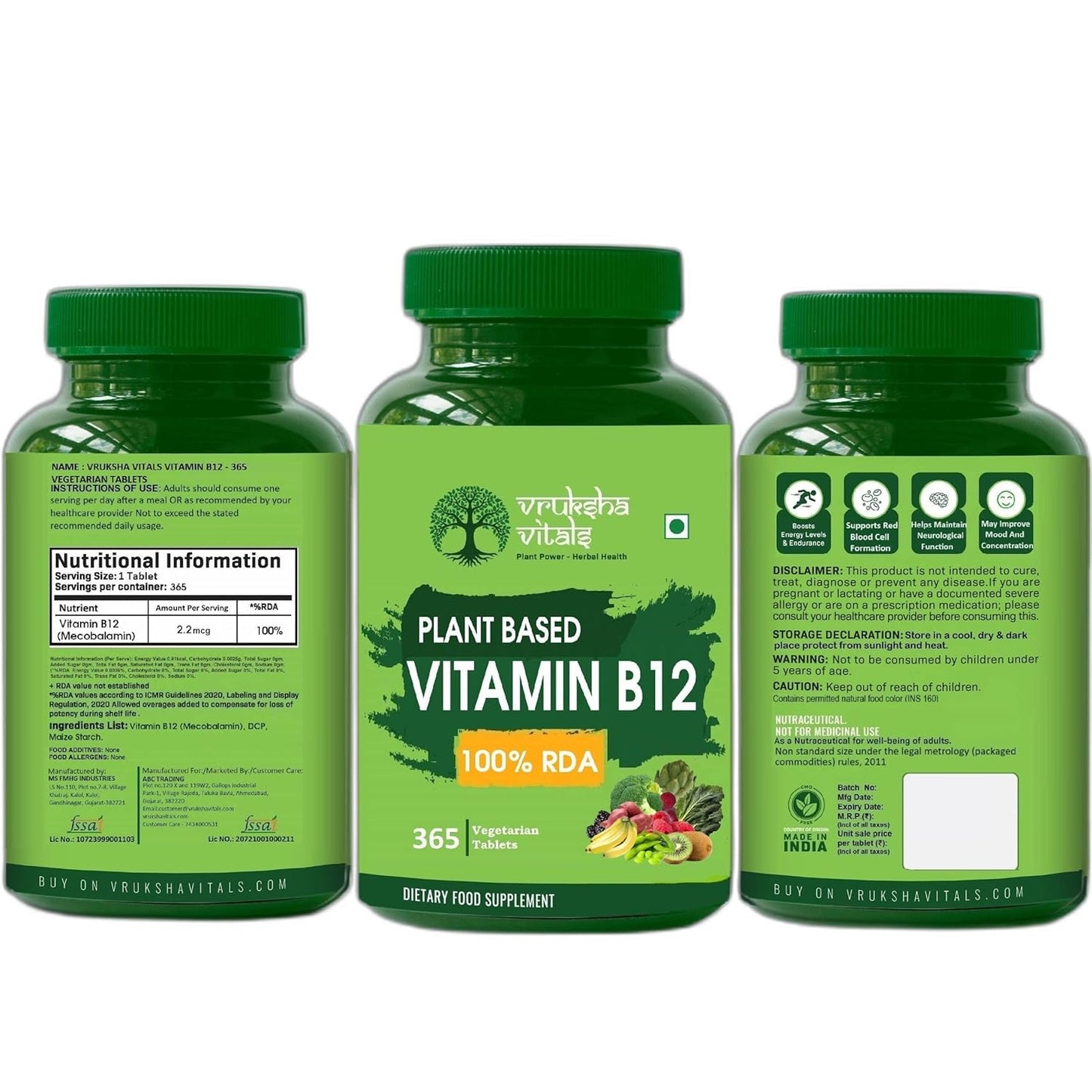 Vruksha Vitals Vitamin B12-100% RDA [LAB TESTED - COA] 365 Tablets/Capsules Supplements - Plant Based Methylcobalamine/Mecobalamine Supplement