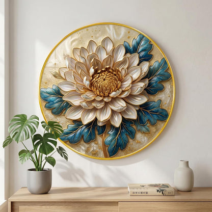 Luxury Floral Round Wall Painting White Gold Flower Art with Blue Leaves PVC Golden Frame Modern Wall Decor for Living Room Bedroom Office Home Decoration (20 x 20 Inch) GRL-394