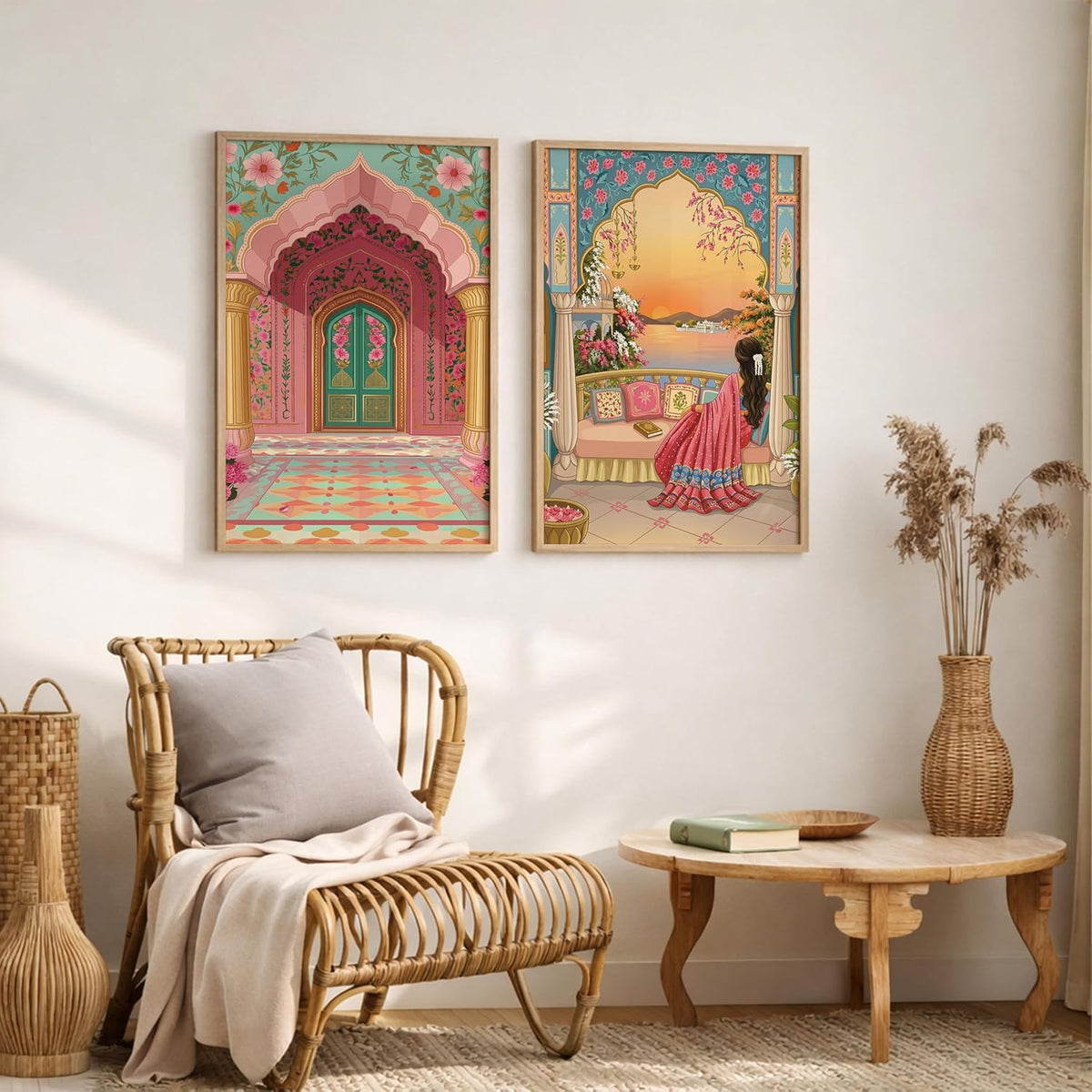 Rajasthani Woman Balcony Lake View Wall Art Painting | Set of 2 Framed Paintings | Indian Aesthetic Decor for Living Room Bedroom Home Office | (ART 1, 13x19 INCHES)