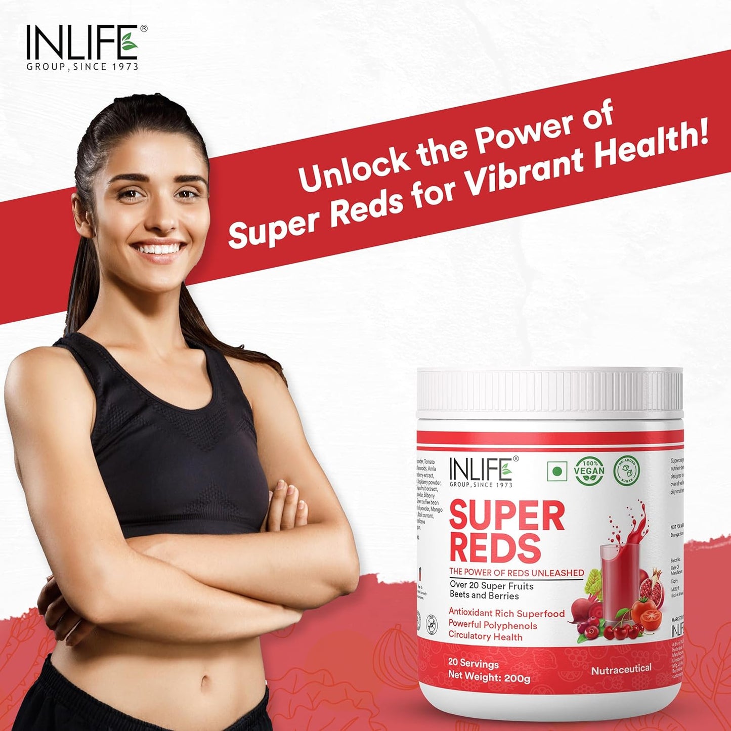 INLIFE Super Reds Powder | Antioxidant-Rich Superfood Supplement Drink Mix | 20 Super Fruits, Beets & Berries | Energize with Powerful Antioxidants Supports Energy 200g (Super Reds)