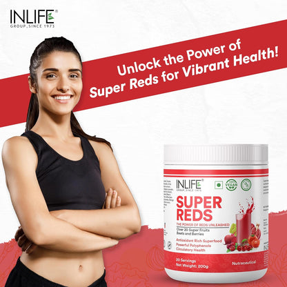 INLIFE Super Reds Powder | Antioxidant-Rich Superfood Supplement Drink Mix | 20 Super Fruits, Beets & Berries | Energize with Powerful Antioxidants Supports Energy 200g (Super Reds)