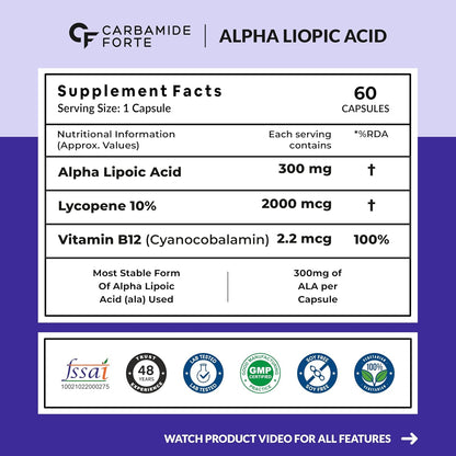 Carbamide Forte Alpha Lipoic Acid 300mg - ALA Capsules with Vitamin B12 & Lycopene | ALA Supplement | Supports Healthy Skin & Immunity - 60 Veg ALA Capsules