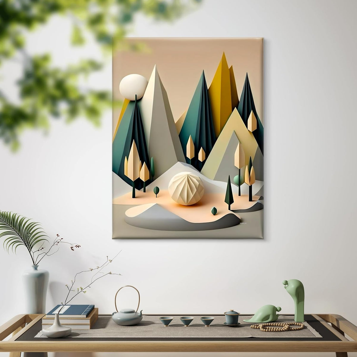 Geometric Mountain Canvas Wall Art | Abstract Forest Landscape with 3D Effect Trees & Sun | Modern Framed Home Décor for Living Room, Bedroom, Office | Ready to Hang (18 x 24 Inch) CVD-491