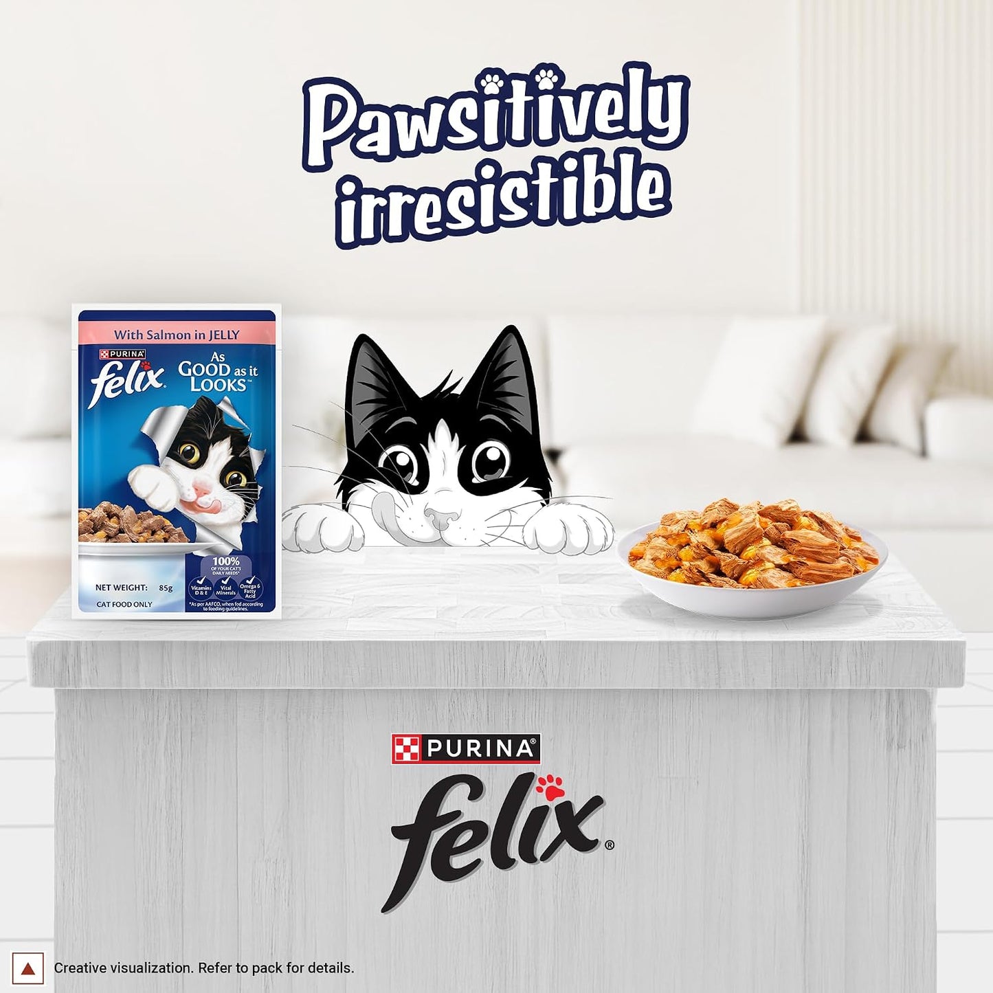 Purina Felix Salmon in Jelly, Wet Food for Adult Cats, 85g Pouch | With Salmon in Jelly, Tasty Meaty Chunks, 100% Complete & Balanced Nutrition, Vitamins D & E, Omega 6, Essential Minerals
