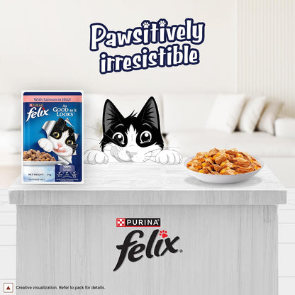 Purina Felix Salmon in Jelly, Wet Food for Adult Cats, 85g Pouch | With Salmon in Jelly, Tasty Meaty Chunks, 100% Complete & Balanced Nutrition, Vitamins D & E, Omega 6, Essential Minerals