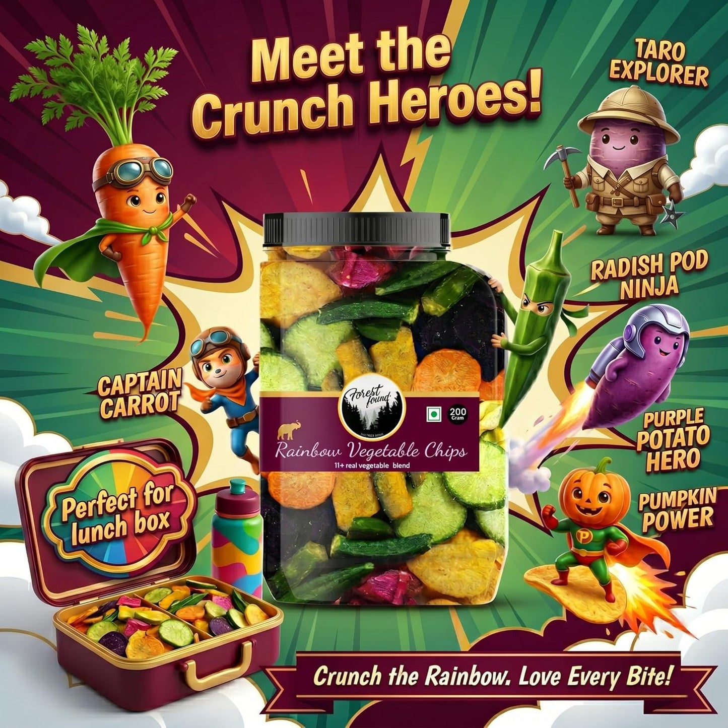 Forest Found Rainbow Vegetable Chips 200 gm | 11+ Exotic Blend | Made with Real Veggies, Light & Crispy Healthy Snack | No Palm Oil, Gluten-Free | Crunchy Crisps| 11 Mix Veggie (Pack-200g)