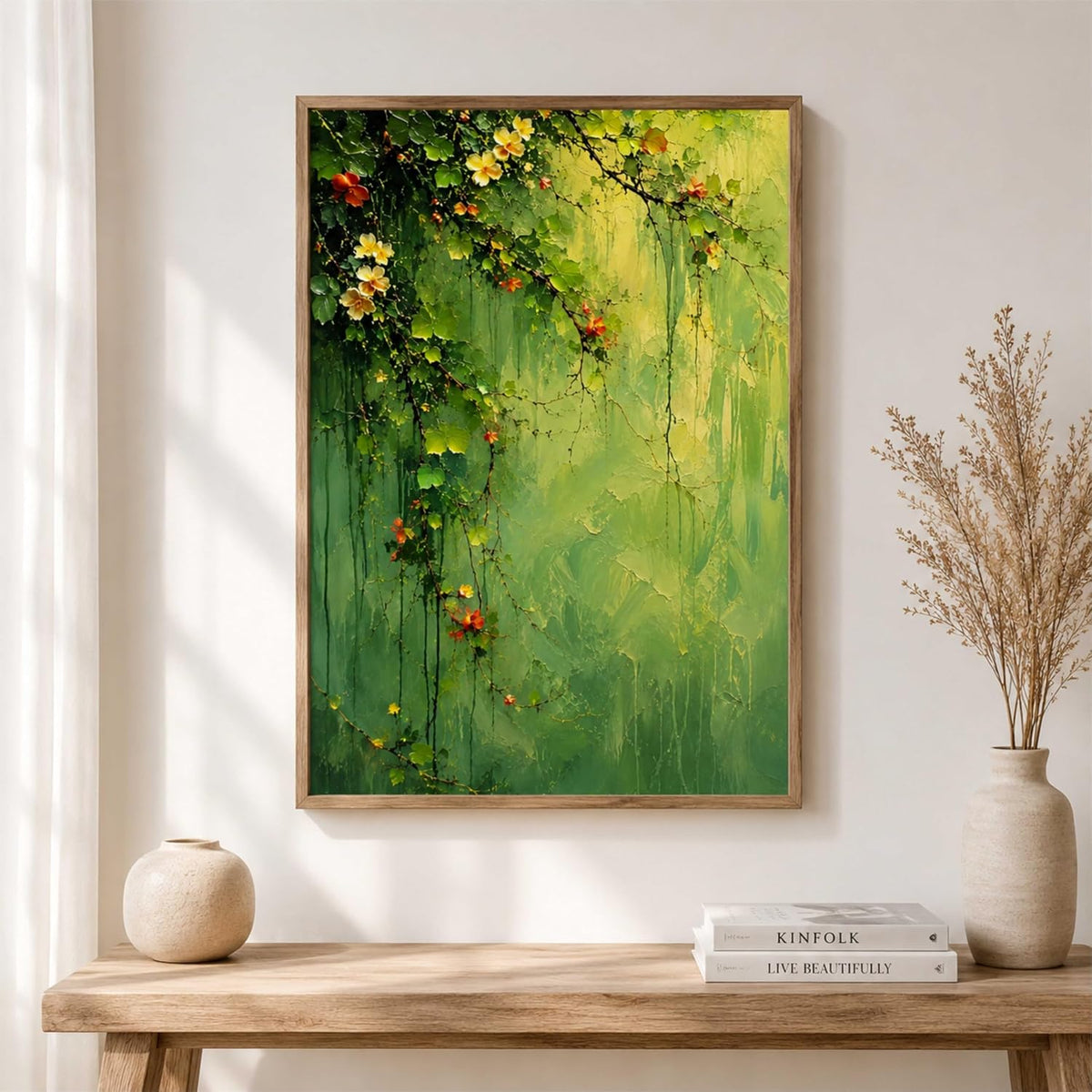 Green Floral Vine Wall Painting for Living Room Bedroom Hall Office Decor, Abstract Leaf Artwork with Sparkle Laminate and Premium Wooden Synthetic Frame (13.5 x 19.5 Inch) NM01-4111