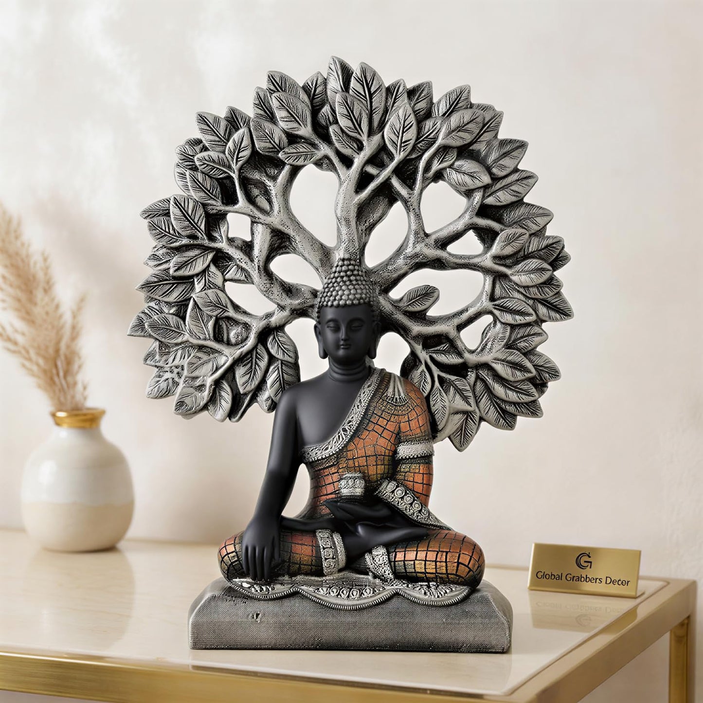Global Grabbers Buddha Statue Showpiece Idol Home Decor Decoration Items for Living Room and Gifts (Silver Black Copper)