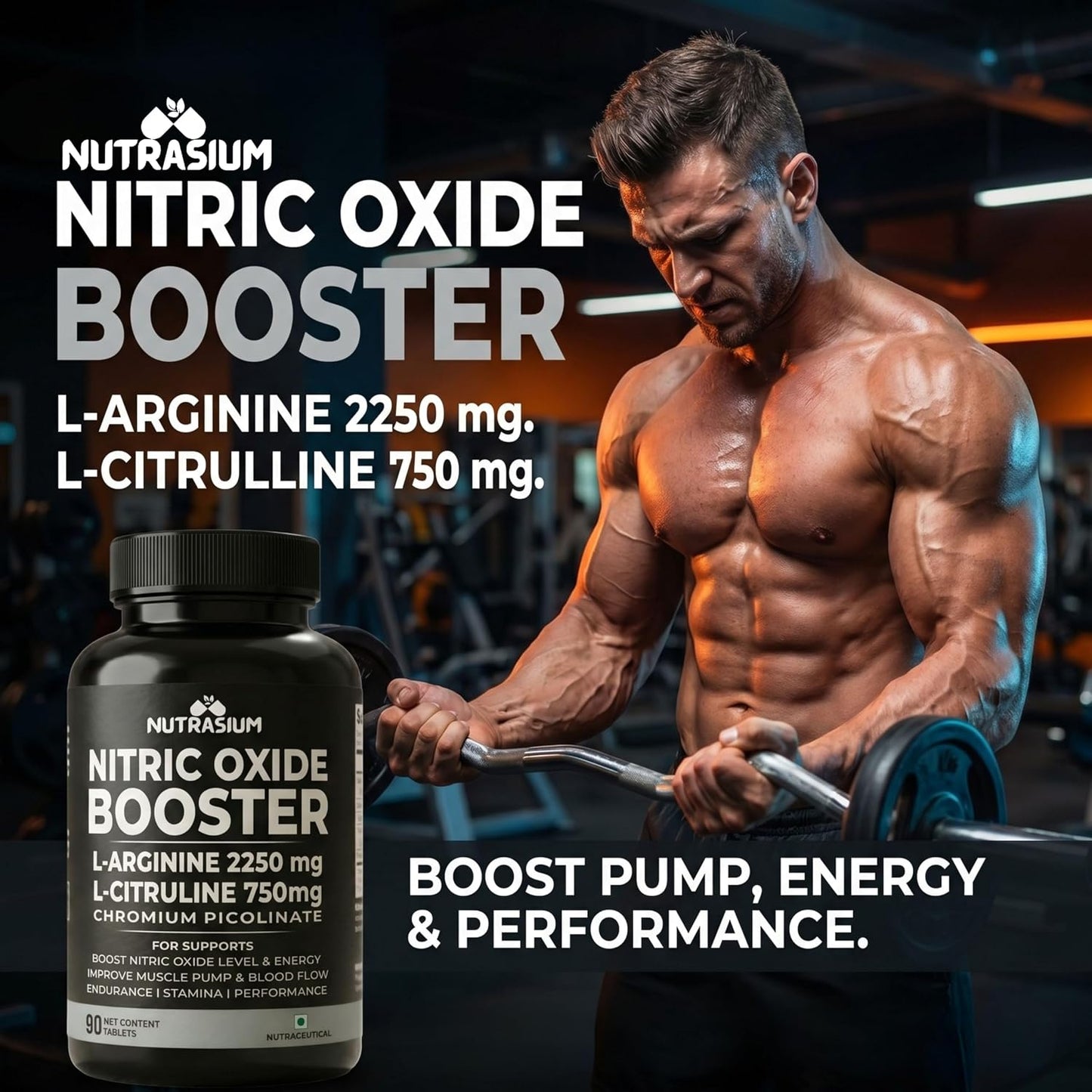 Nutrasium Nitric Oxide Supplement For Man | 2250 mg L-Arginine, 750 mg L-Citrulline with Chromium Picolinate For Supports Nitric Oxide Level, Improve Muscle Pump & Blood Flow, Boost Endurance, Stamina & Performance | 90 veg Tablets.