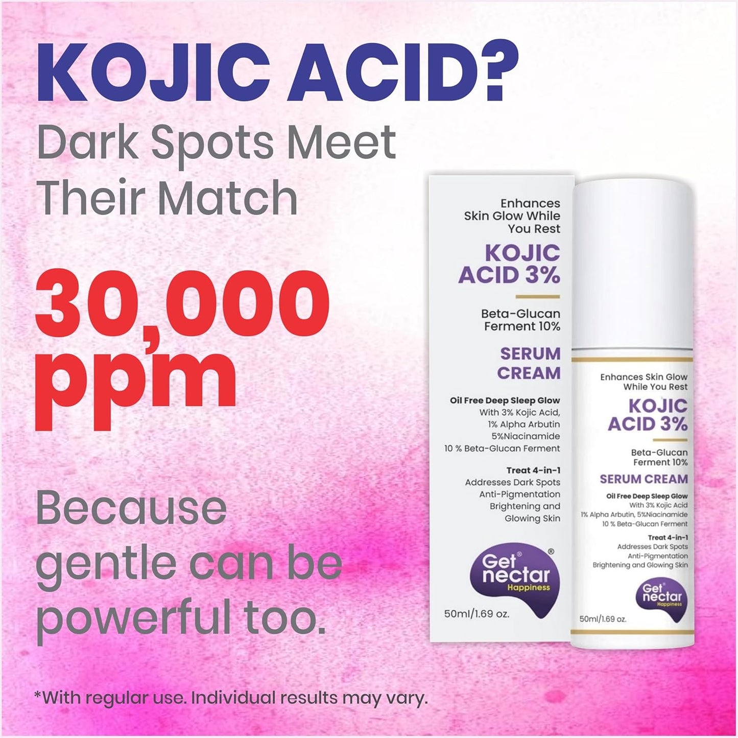 Get Nectar Happiness Glow Serum Cream with 3% Kojic Acid 5% Niacinamide 1% Alpha Arbutin & 25% Beta-Glucan for Dark Spots, Anti-Pigmentation, Brightening, Glowing Skin 50ml