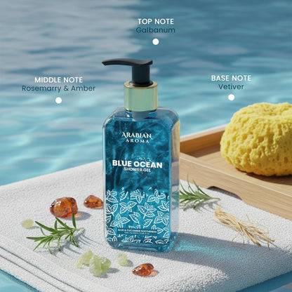 Blue bottle of Arabian Aroma Blue Ocean shower gel with a beach setting