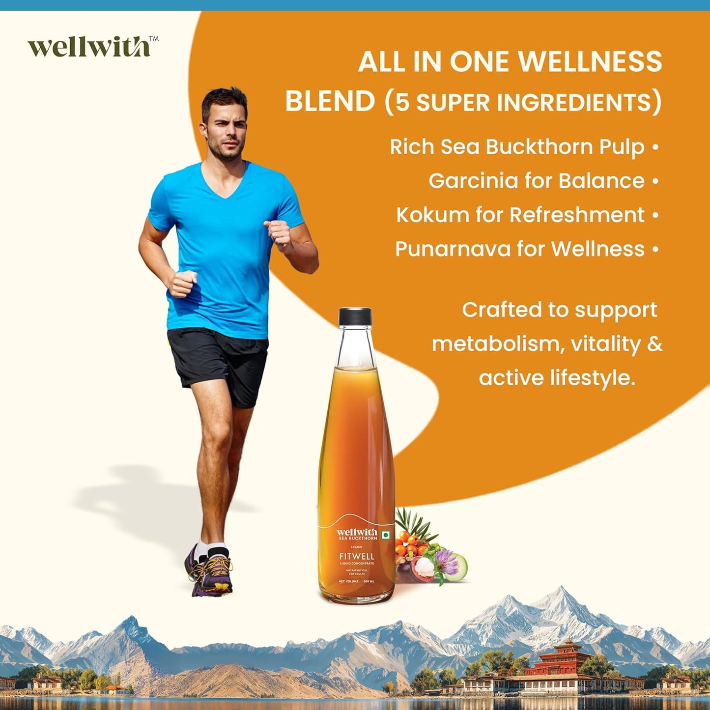 Wellwith Sea Buckthorn Fitwin(Fitwell) Juice 300ml | Makes 50 Glasses | Natural Vitamin C, Omega 3 6 7 9, Antioxidants | Immunity, Skin Glow & Gut Health Support | Herbal Juice Supplement