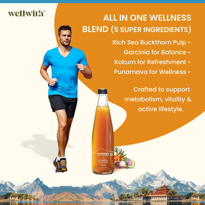 Wellwith Sea Buckthorn Fitwin(Fitwell) Juice 300ml | Makes 50 Glasses | Natural Vitamin C, Omega 3 6 7 9, Antioxidants | Immunity, Skin Glow & Gut Health Support | Herbal Juice Supplement