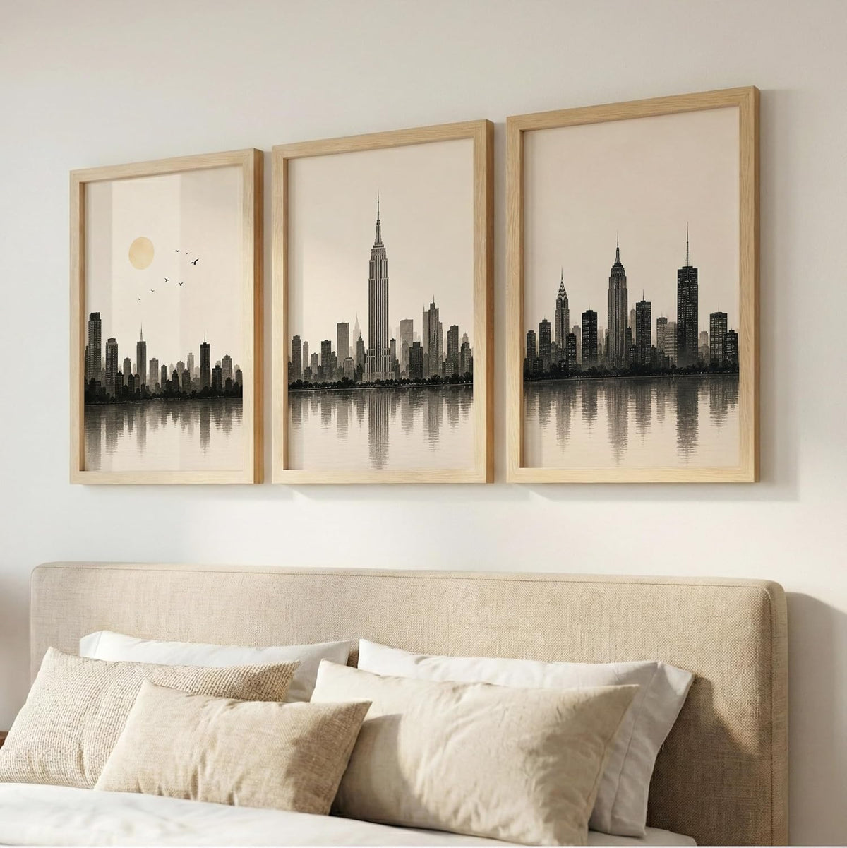 Set of 3 Modern City Skyline Wall Art Paintings for Living Room | Minimalist Urban Cityscape Wall Decor | Neutral Beige Framed Wall Paintings for Bedroom, Office, Hall & Home Decoration (13x19 Inches)