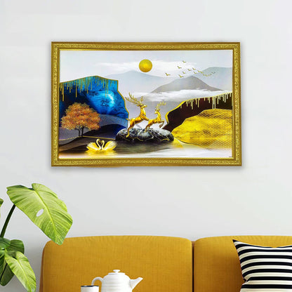 Abstract art Framed Golden Foil 3D Style Landscape Painting | Ready to Hang (14 x 20 inches, Multicolor)