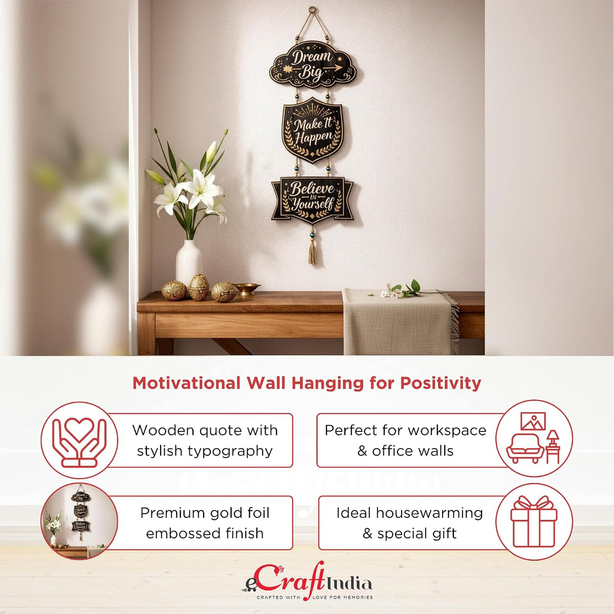 eCraftIndia Gold Foil Embossed Wooden Dream Big Make It Happen Believe In Yourself Wall Hanging for Home Office