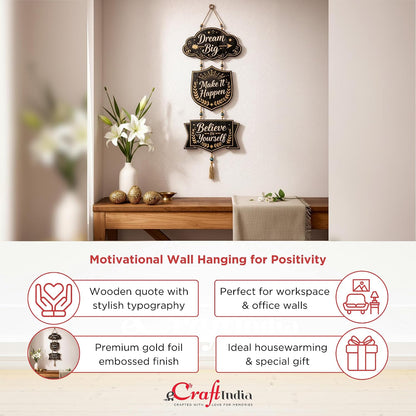 eCraftIndia Gold Foil Embossed Wooden Dream Big Make It Happen Believe In Yourself Wall Hanging for Home Office