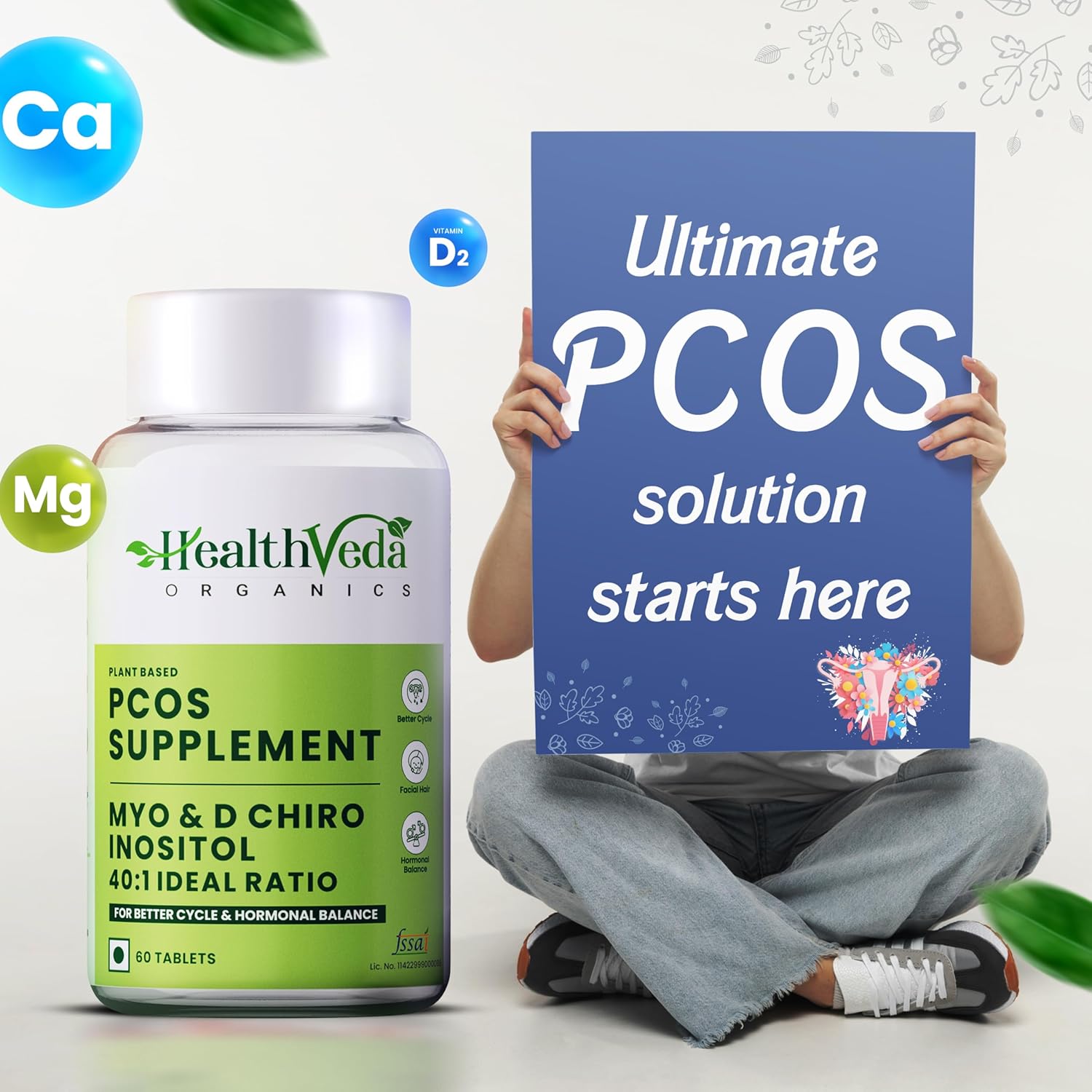 Zephivo HEALTH VEDA ORGANICS PRIVATE LIMITED Plant Based Pcos With Myo-Inositol 2000Mg, D-Chiro-Inositol 50Mg|60 Veg Tablets|Healthy Regular Menstruation|For Women
