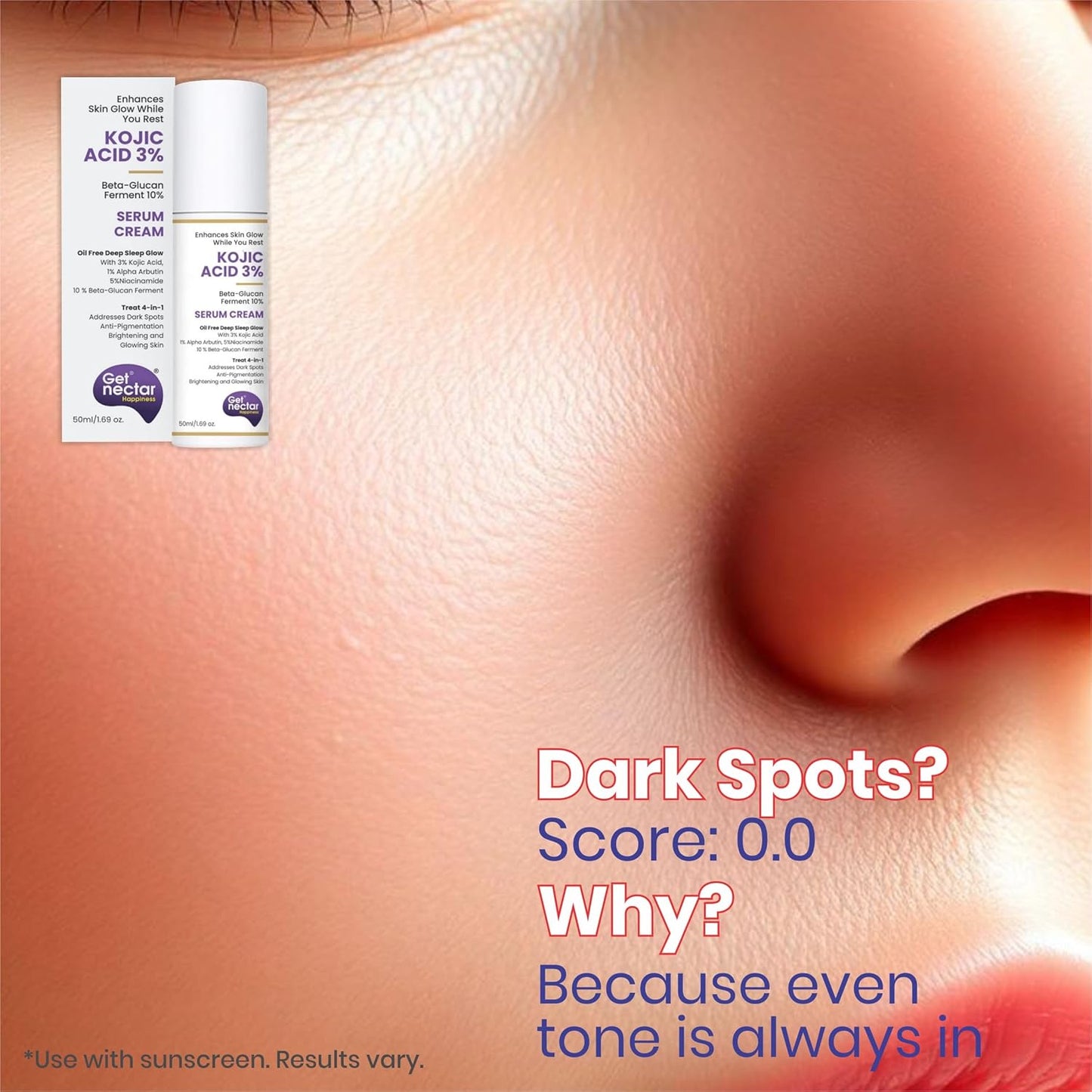 Get Nectar Happiness Glow Serum Cream with 3% Kojic Acid 5% Niacinamide 1% Alpha Arbutin & 25% Beta-Glucan for Dark Spots, Anti-Pigmentation, Brightening, Glowing Skin 50ml