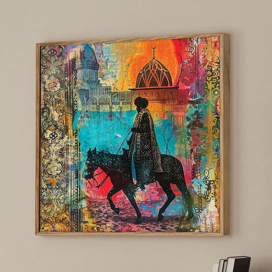 Royal Horse Rider Framed Canvas Wall Art Painting for Living Room | Colorful Ethnic Abstract Horse Painting with Frame | Vintage Cultural Wall Décor for Home & Office, 23x23 Inch