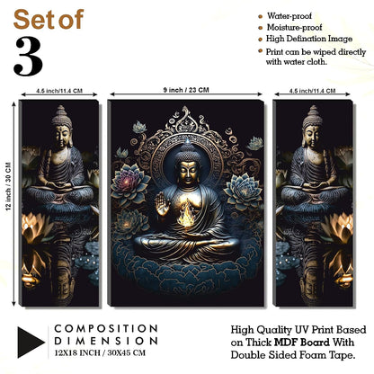 Golden Buddha with Lotus & Flame Wall Art – 3-Panel UV-Printed Zen Triptych | Ready-to-Hang Spiritual Meditation Décor for Home or Office (20 Inch x 12 Inch) JM-35302