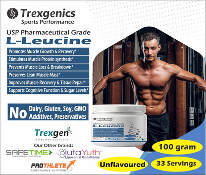 Trexgenics L-LEUCINE PHARMACEUTICAL USP grade 33 Servings, Unflavoured Pure Powder Recovery, Muscle Preservation, Muscle Growth (100 gram)