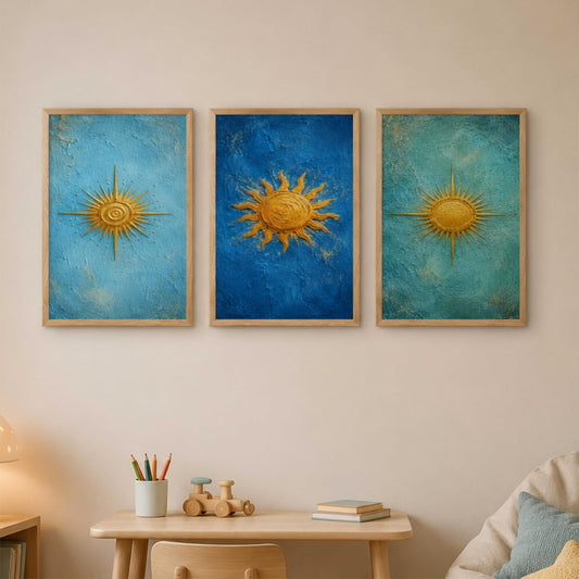 Set of 3 Golden Sun Abstract Wall Paintings for Living Room Bedroom Hallway Home Decor with Premium Wooden Color Synthetic Frame (13.5 x 19.5 Inch) NM03-71