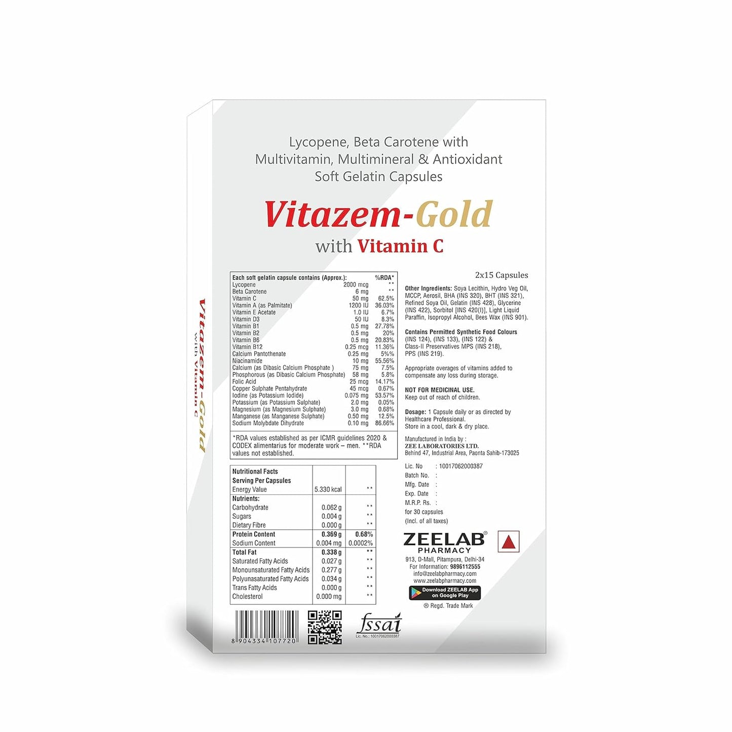 Vitazem-Gold supplement packaging with nutritional information on a white background
