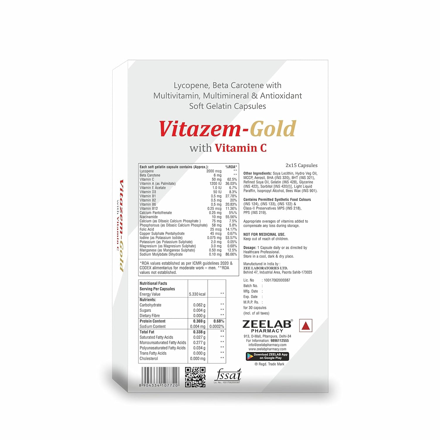 Vitazem-Gold supplement packaging with nutritional information on a white background