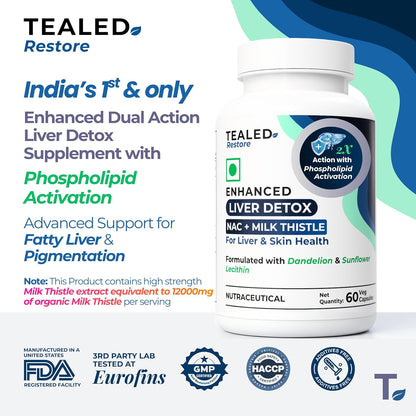 Tealed Restore Liver Detox Supplement | NAC 900mg + Milk Thistle 12000mg Equivalent | Phospholipid Activation for 2X Absorption | Fatty Liver, Skin Pigmentation & Liver Cleanse Support | 60 Veg Capsules | Additives Free | Lab Tested