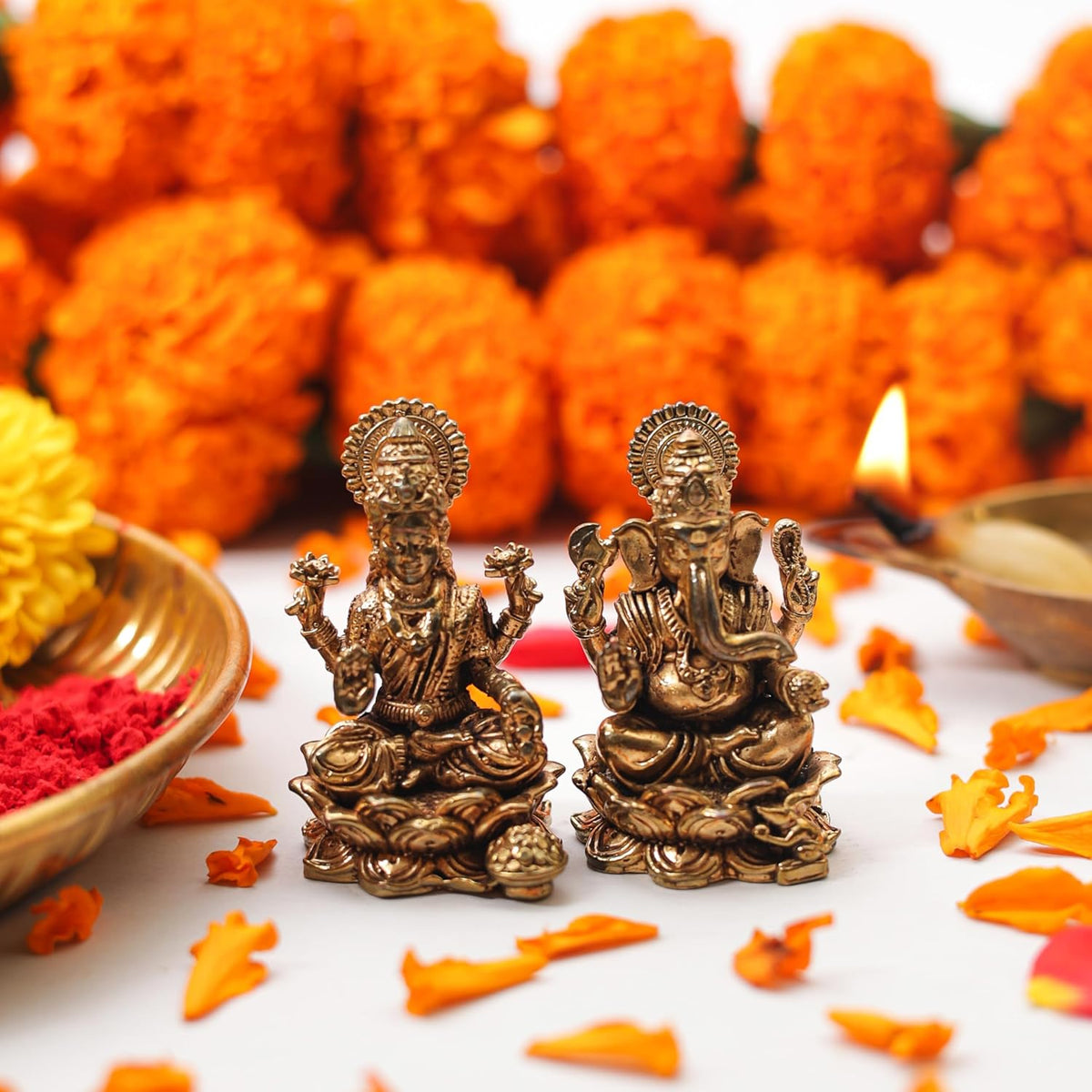 1.5 Inch Pure Brass Lord Ganesha & Maa Lakshmi Idol Set for Home Temple, Mandir & Office Desk | Decorative Pooja Murti Combo for Pooja, Diwali, Festive Gifting & Spiritual Decor