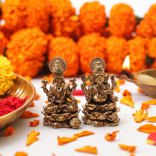 1.5 Inch Pure Brass Lord Ganesha & Maa Lakshmi Idol Set for Home Temple, Mandir & Office Desk | Decorative Pooja Murti Combo for Pooja, Diwali, Festive Gifting & Spiritual Decor