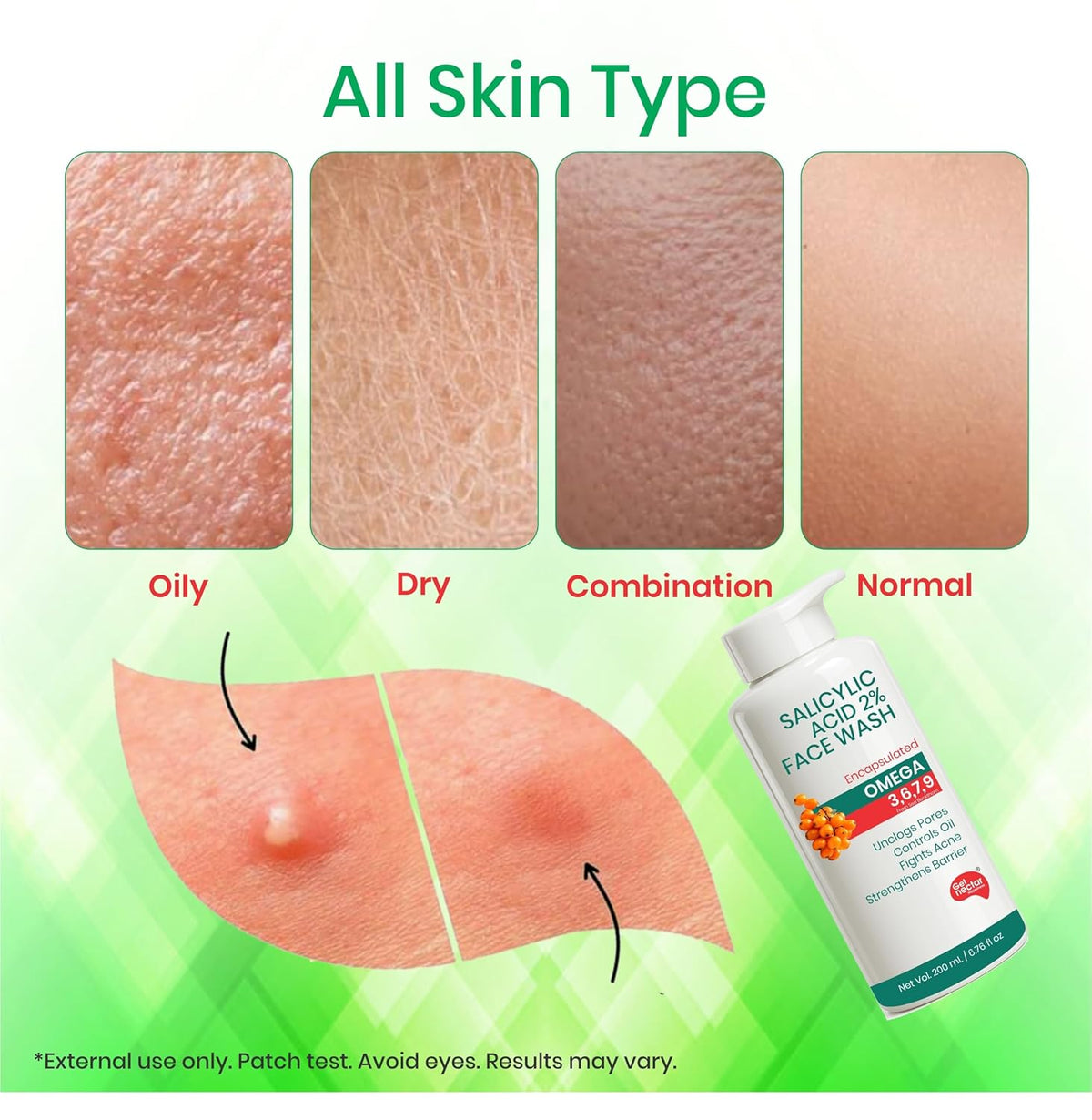 Product packaging with skin type chart and face wash bottle on a green background