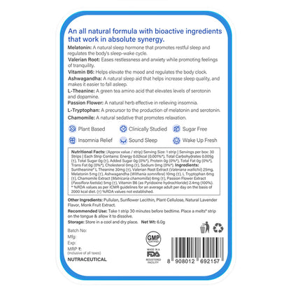 Zephivo Wellbeing Nutrition melts Restful Sleep | Plant-Based Melatonin 5mg for Deep Sleep, Stress Relief | Clinically Proven, Safe & Non-Addictive with Chamomile, Tagara, L-Theanine | 30 Oral Thin Strips