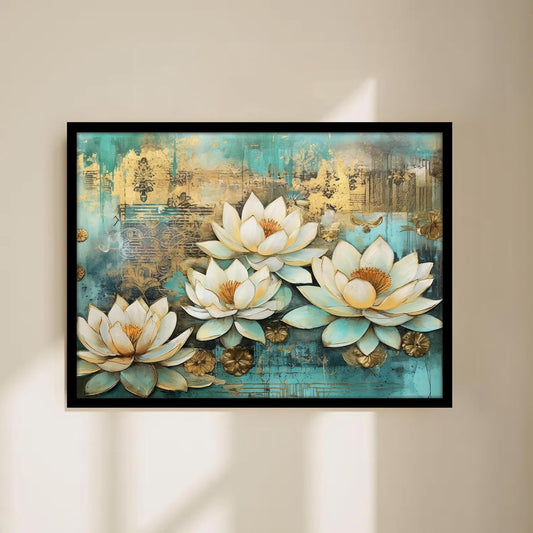 White Lotus Flower Framed Wall Art Painting for wall decoration, Lotus floral Paintings with frame for living room, bedroom, Home and Office, 9x13 Inch