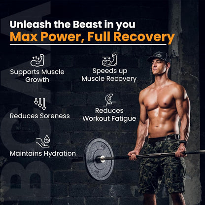 Muscular man lifting weights with text about product benefits on a dark background