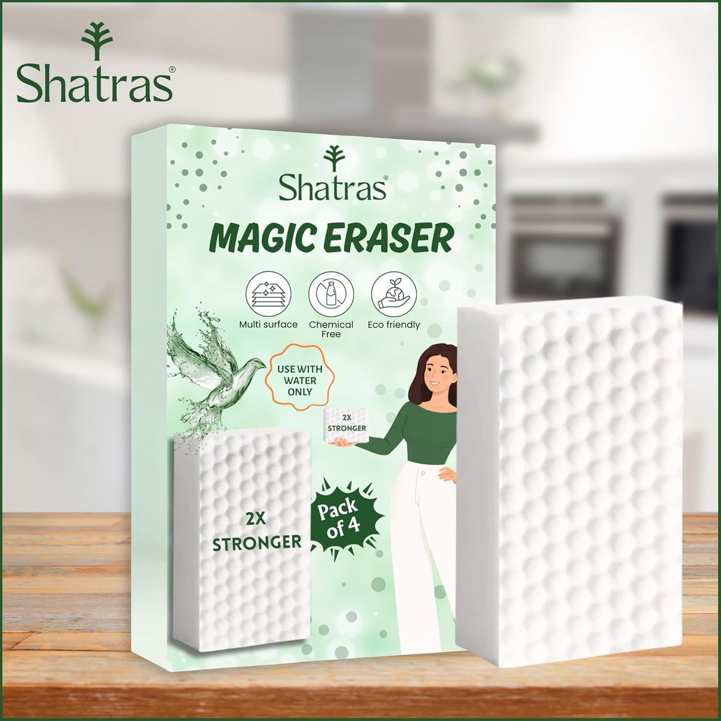 Shatras Magic Eraser Cleaning Sponge – Multipurpose Melamine Foam Stain Remover Foam for Walls, Kitchen, Bathroom, Tiles & Shoes | Just Add Water Stain Remover (Pack of-4)