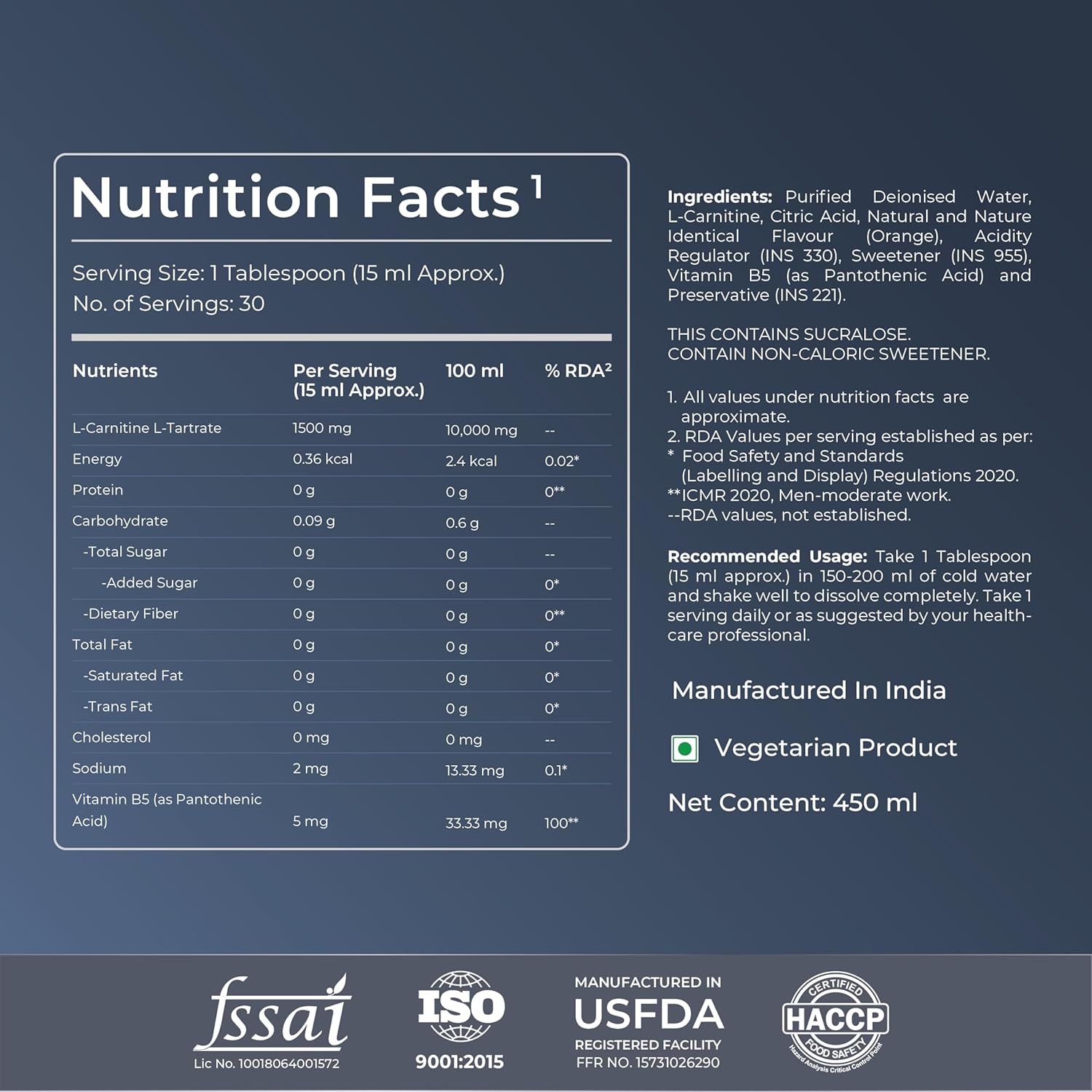 Nutrition facts label with product details on a dark blue background
