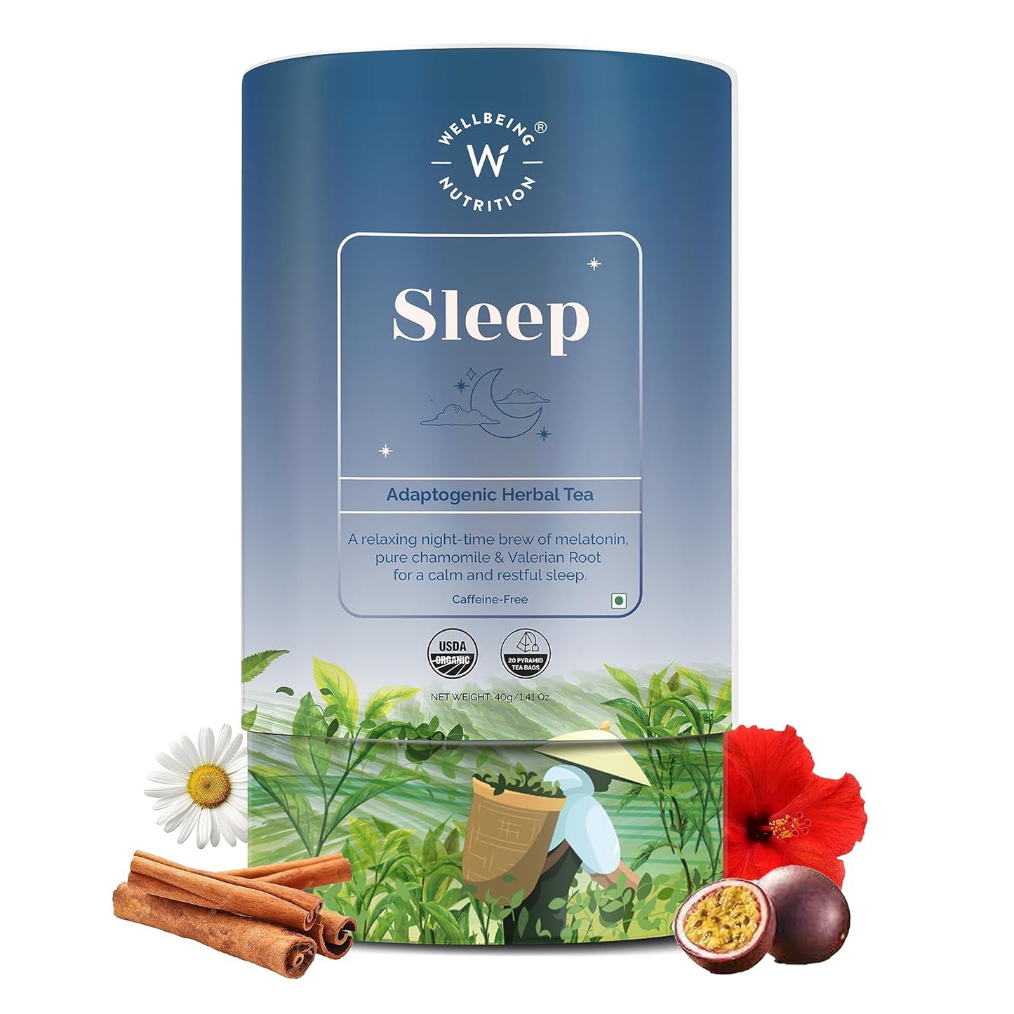 WELLBEING NUTRITION Sleep Tea|Caffeine Free Tea Bags For Insomnia & Stress Relief,Relaxation & Improved Sleep Quality|5Mg Melatonin,Chamomile,Valerian Root,Lavender (20 Pyramid Tea Bags) - Chamomile