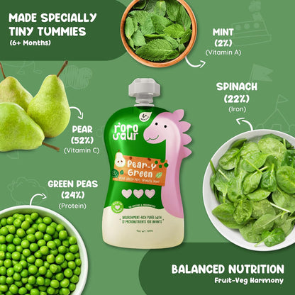 Rorosaur Ready to Eat Fruit & Veggie Baby Food Puree Pouch for 6+ Months Baby 100g each, Pk of 2 | Made with Spinach, Pear & Peas Puree in Pouch | 100% Natural, No Preservatives, No Sugar, No Salt