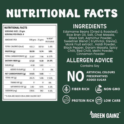 Green Gainz Roasted Edamame Masala Flavour 100gm | 100% Veg High Protein Snack | No Added Sugar | Non-GMO | Rich in Fiber | No Gluten