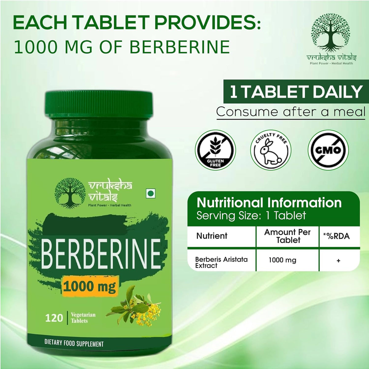 Vruksha Vitals 99% Berberine Extract 1000 mg - 120 tablets/Capsules Powder Supplement