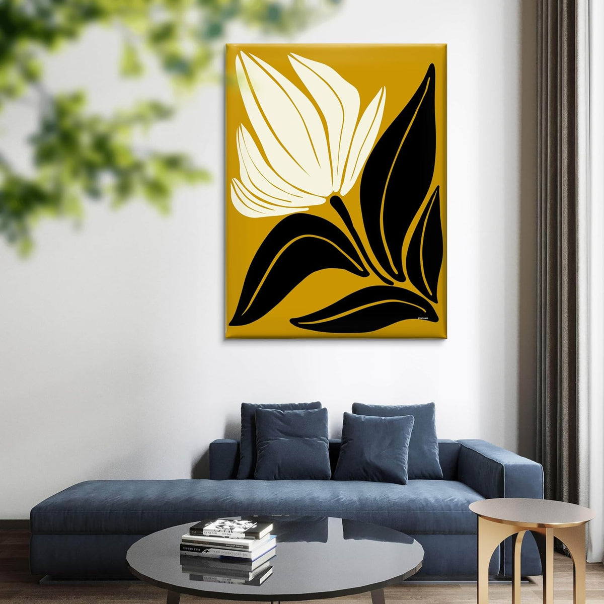 Bold Floral Framed Canvas Wall Art – Modern Yellow and Black Abstract Botanical Painting for Living Room, Bedroom & Office – Contemporary Flower Design Print (18 x 24 Inch) CVD-419