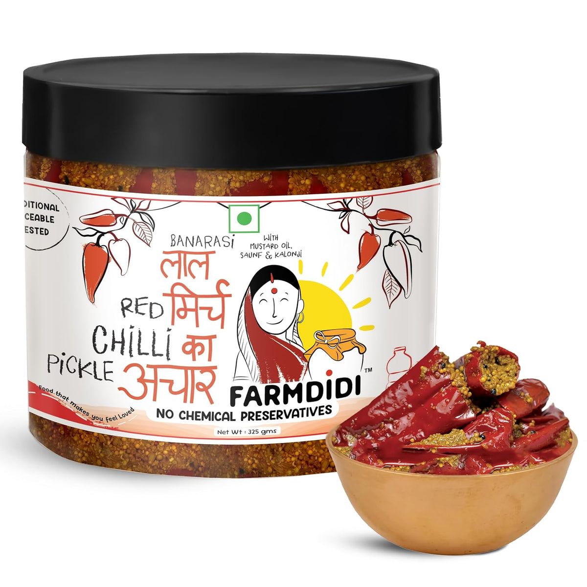 FarmDidi Stuffed Red Chilli Pickle  Homemade Bharwa Lal Mirch Ka Achar With Spicy Flavor Banarasi Style Pickle Made With Mustard Oil No Chemical Preservatives & No Garlic