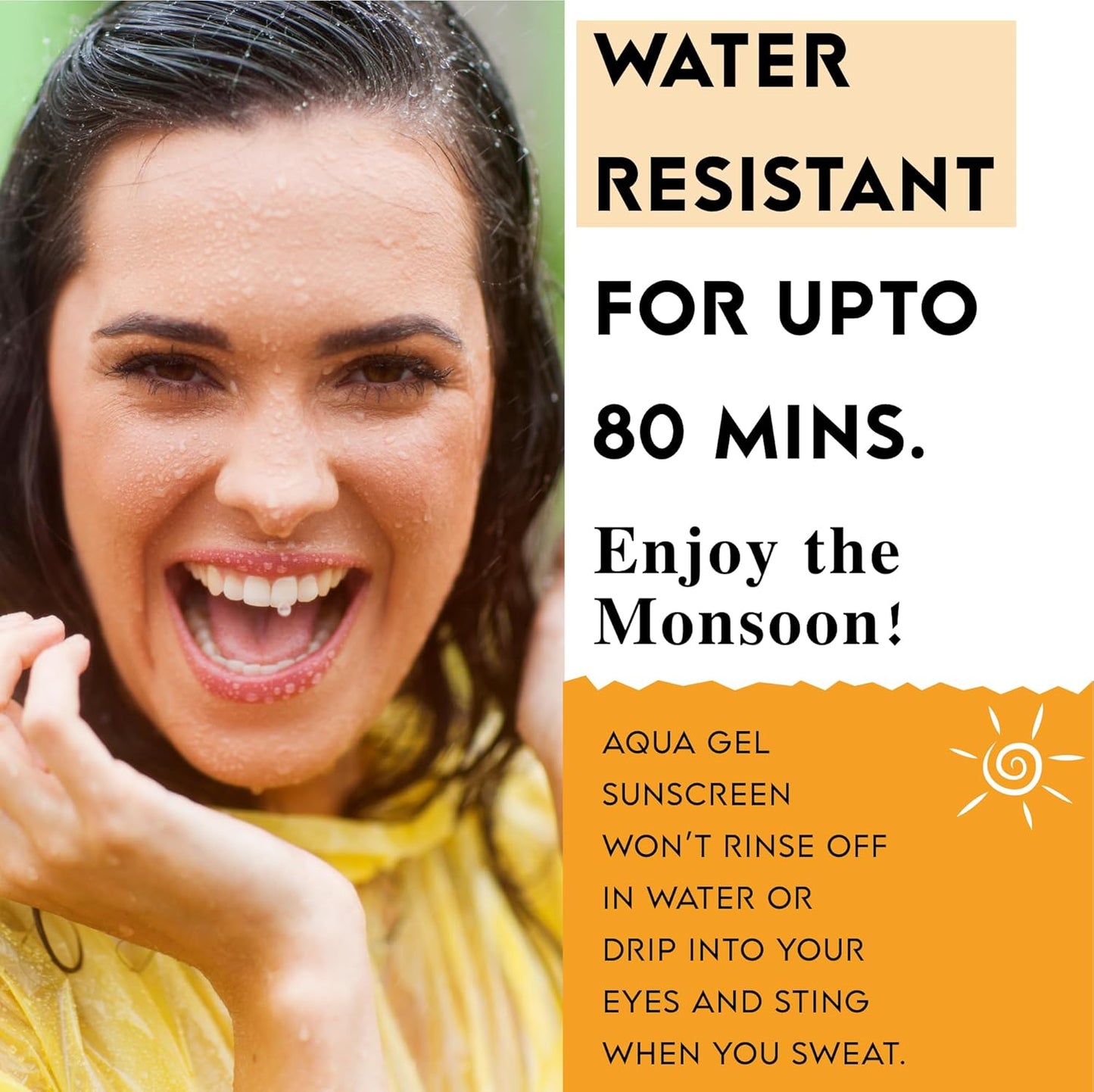 Woman with a sunburnd face outdoors, with text about water-resistant sunscreen.